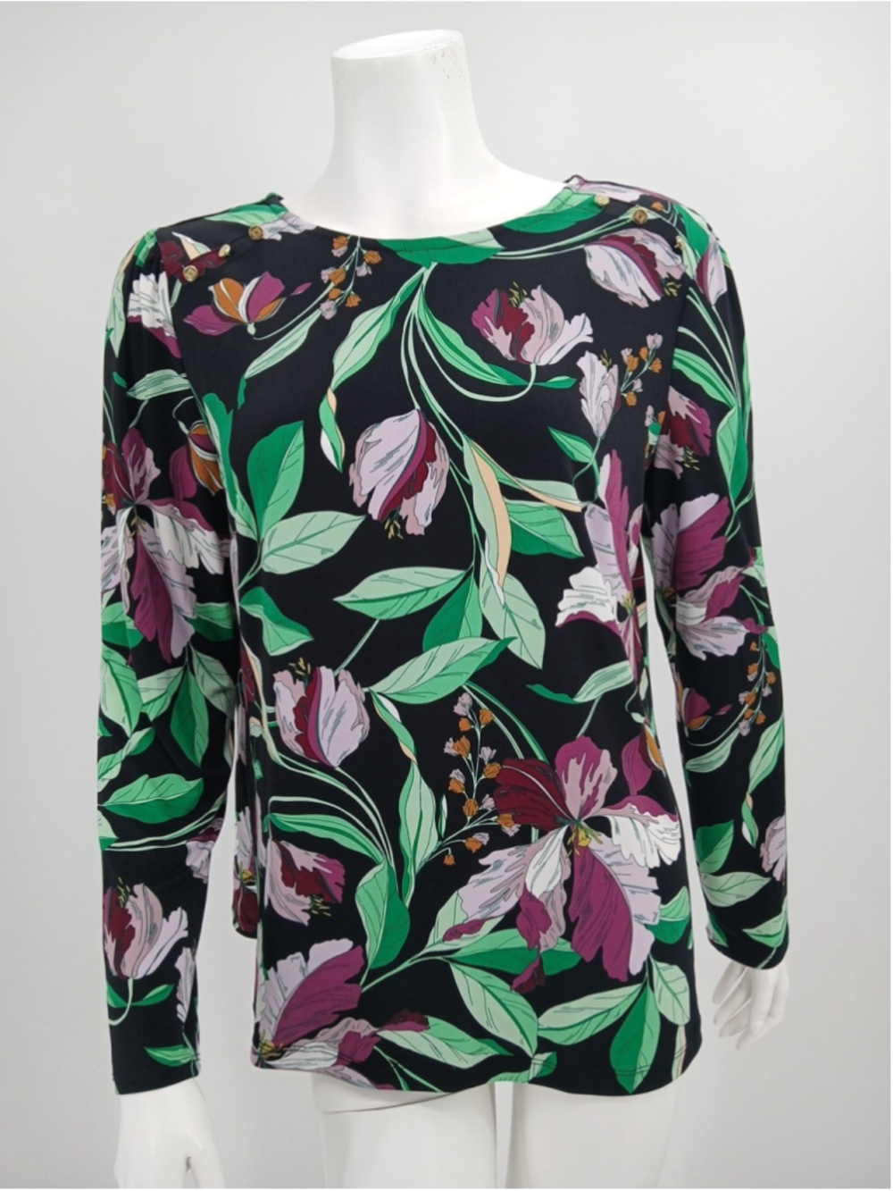 Liz Claiborne Womens Purple Floral Top Size M Long Sleeves Polyester Blend
